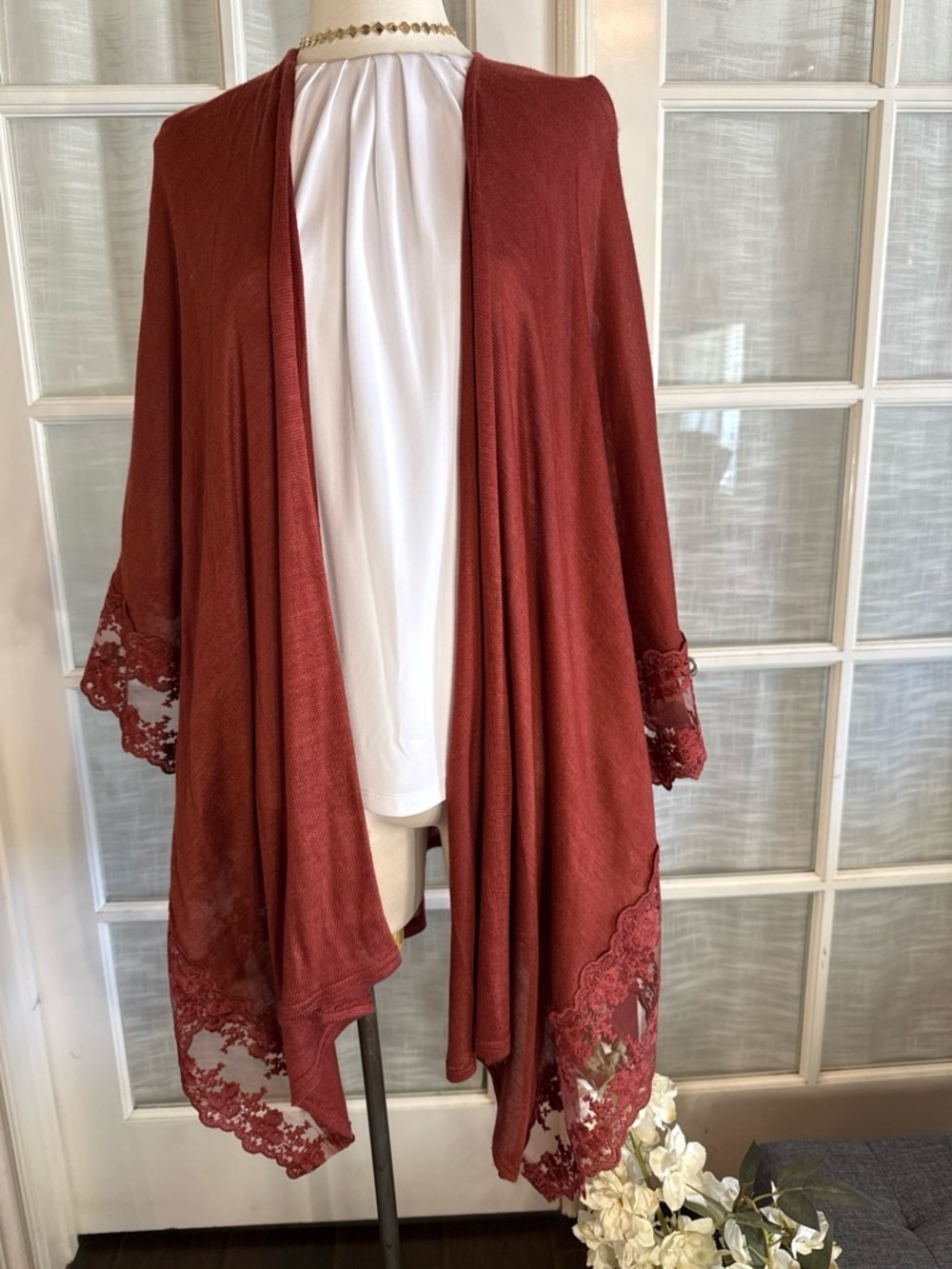 LC Lauren Conrad Rust Lace-Trim Draped Cardigan